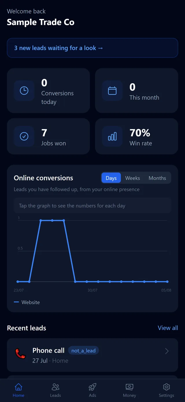 BoostMyTrade app: dashboard with earned revenue and recent leads