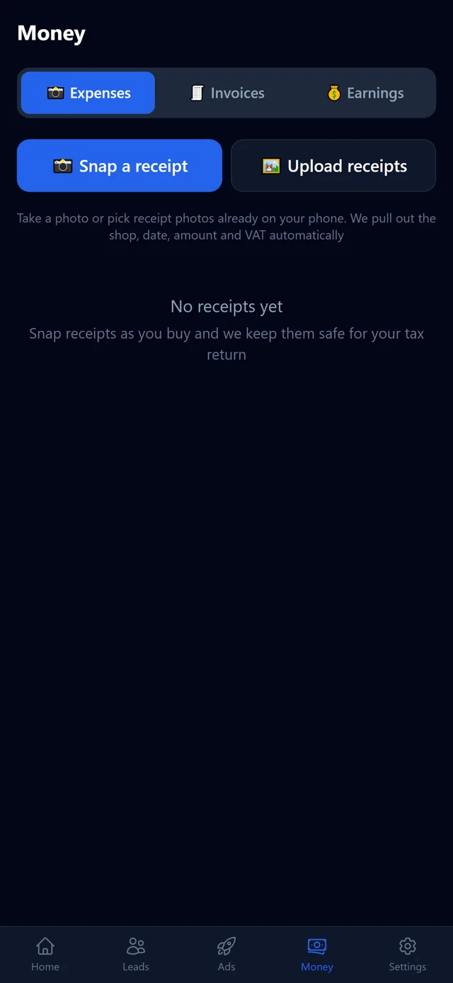 BoostMyTrade app: receipts and expenses captured from photos