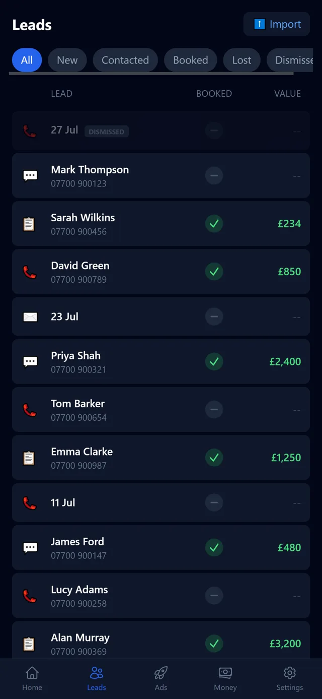 BoostMyTrade app: the leads list showing calls, WhatsApp messages and form fills with booked jobs and their value